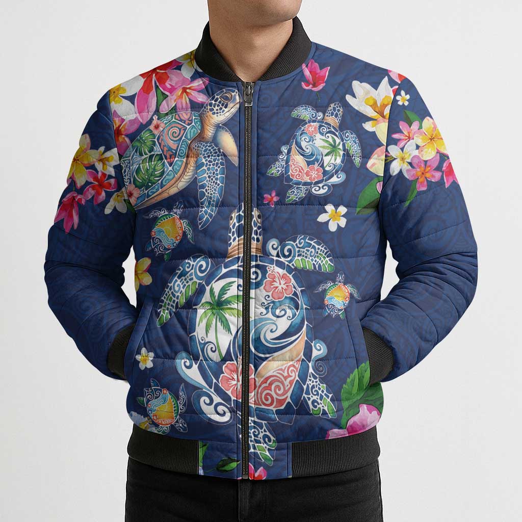 Hawaiian Turtles and Tropical Plants Bomber Puffer Jacket Blue Watercolor