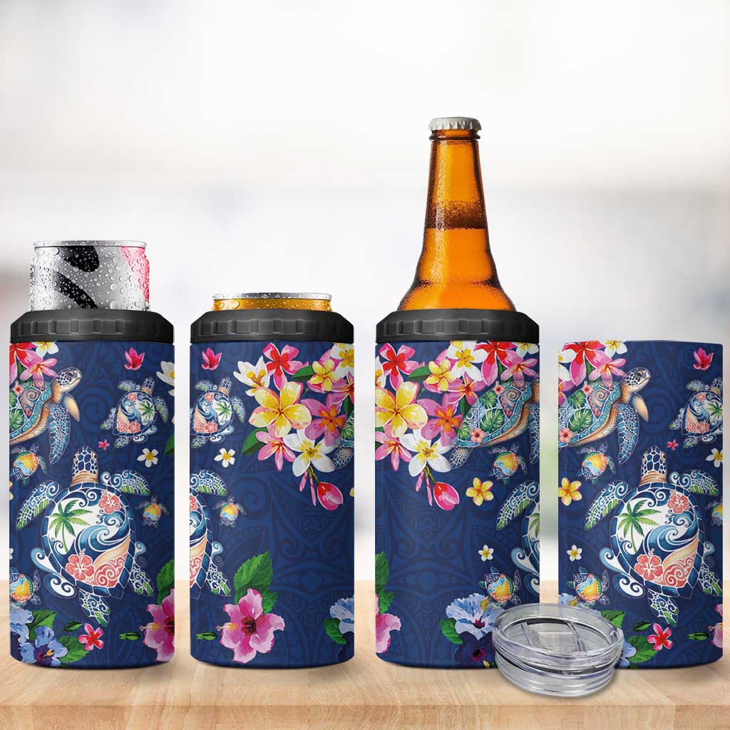 Hawaiian Turtles and Tropical Plants 4 in 1 Can Cooler Tumbler Blue Watercolor