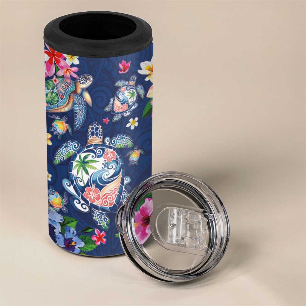 Hawaiian Turtles and Tropical Plants 4 in 1 Can Cooler Tumbler Blue Watercolor