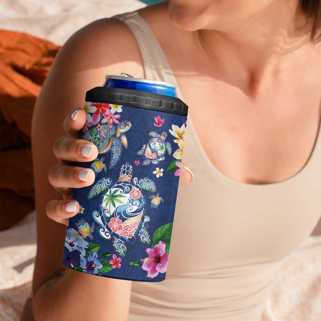 Hawaiian Turtles and Tropical Plants 4 in 1 Can Cooler Tumbler Blue Watercolor