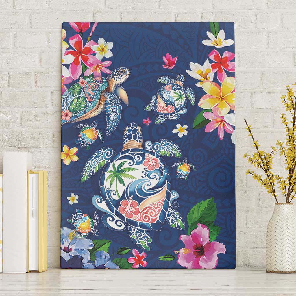 Hawaiian Turtles and Tropical Plants Canvas Wall Art Blue Watercolor