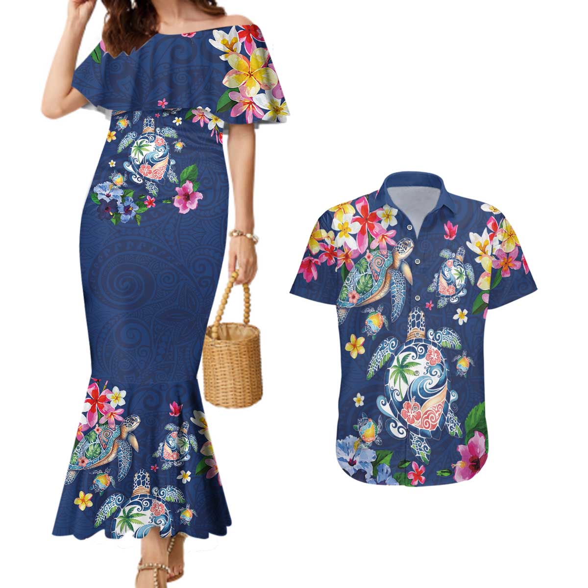 Hawaiian Turtles and Tropical Plants Couples Matching Mermaid Dress and Hawaiian Shirt Blue Watercolor LT03 Blue - Polynesian Pride