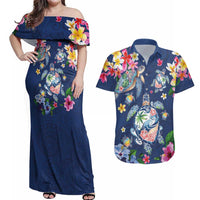 Hawaiian Turtles and Tropical Plants Couples Matching Off Shoulder Maxi Dress and Hawaiian Shirt Blue Watercolor