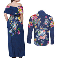 Hawaiian Turtles and Tropical Plants Couples Matching Off Shoulder Maxi Dress and Long Sleeve Button Shirt Blue Watercolor