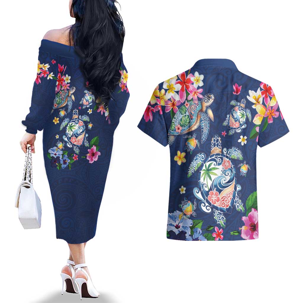 Hawaiian Turtles and Tropical Plants Couples Matching Off The Shoulder Long Sleeve Dress and Hawaiian Shirt Blue Watercolor LT03 - Polynesian Pride