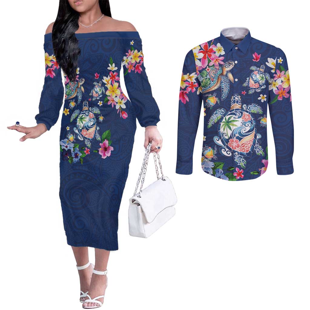 Hawaiian Turtles and Tropical Plants Couples Matching Off The Shoulder Long Sleeve Dress and Long Sleeve Button Shirt Blue Watercolor LT03 Blue - Polynesian Pride