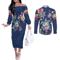 Hawaiian Turtles and Tropical Plants Couples Matching Off The Shoulder Long Sleeve Dress and Long Sleeve Button Shirt Blue Watercolor LT03 Blue - Polynesian Pride