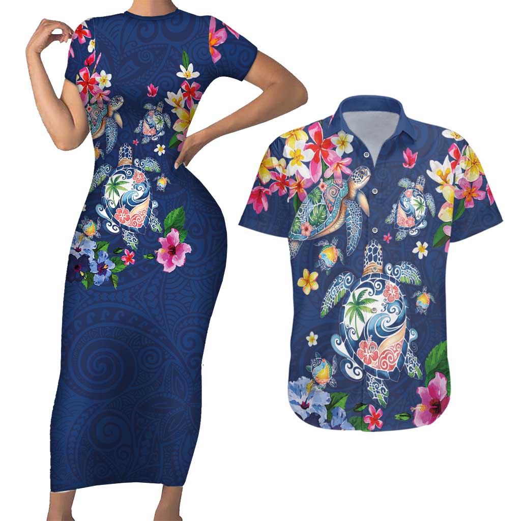 Hawaiian Turtles and Tropical Plants Couples Matching Short Sleeve Bodycon Dress and Hawaiian Shirt Blue Watercolor LT03 Blue - Polynesian Pride