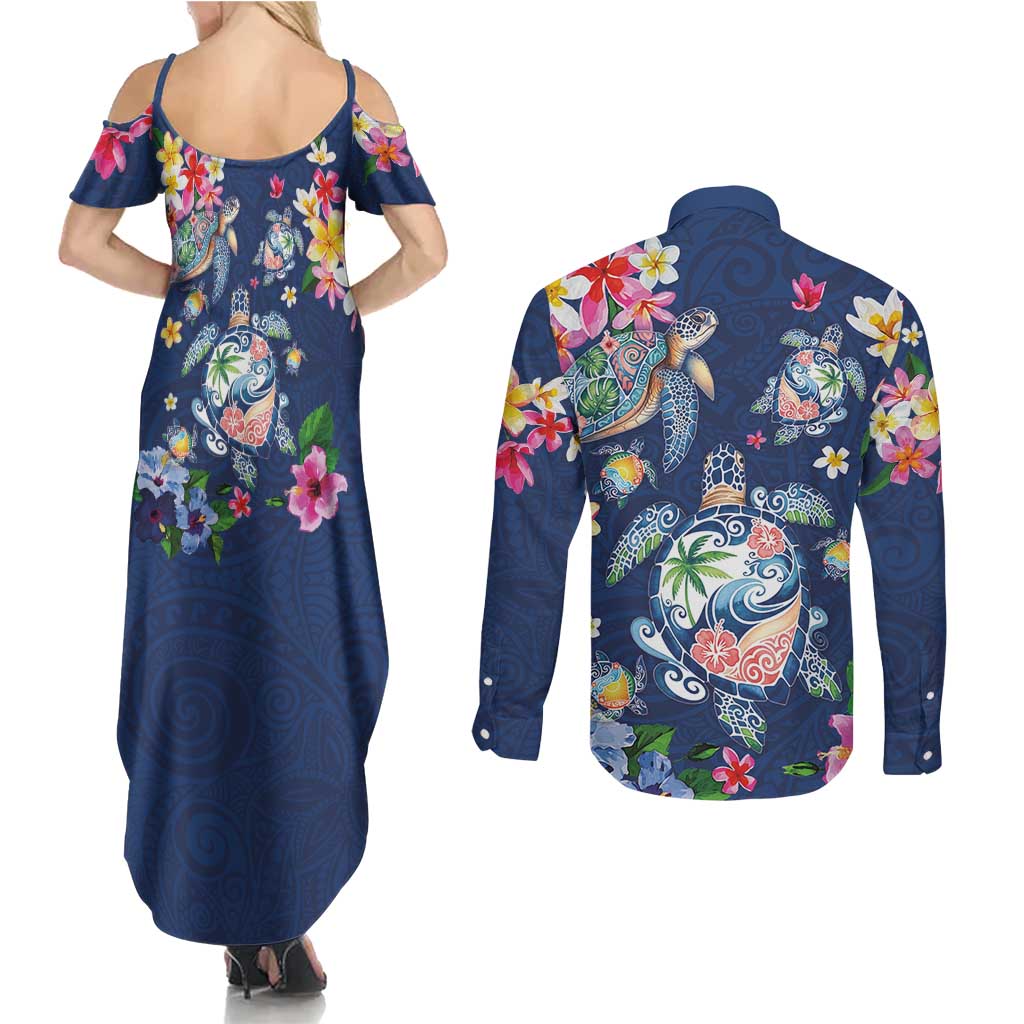 Hawaiian Turtles and Tropical Plants Couples Matching Summer Maxi Dress and Long Sleeve Button Shirt Blue Watercolor