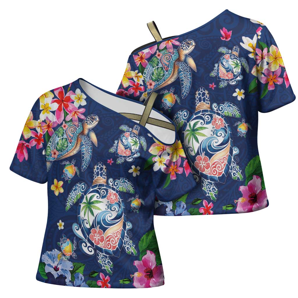 Hawaiian Turtles and Tropical Plants Cross Shoulder Shirt Blue Watercolor