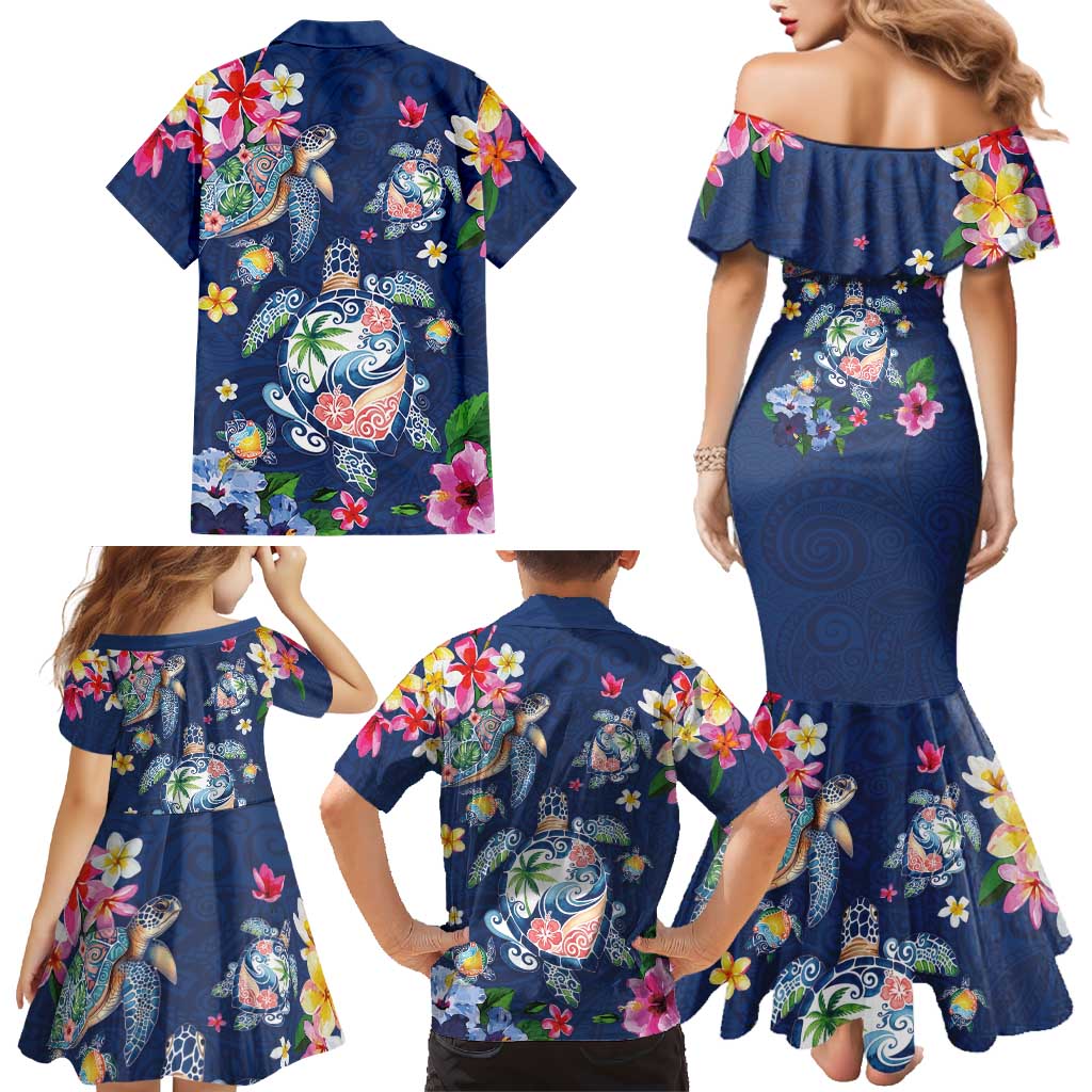 Hawaiian Turtles and Tropical Plants Family Matching Mermaid Dress and Hawaiian Shirt Blue Watercolor LT03 - Polynesian Pride