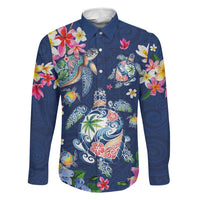 Hawaiian Turtles and Tropical Plants Family Matching Mermaid Dress and Hawaiian Shirt Blue Watercolor LT03 Dad's Shirt - Long Sleeve Blue - Polynesian Pride