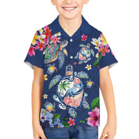Hawaiian Turtles and Tropical Plants Family Matching Mermaid Dress and Hawaiian Shirt Blue Watercolor LT03 Son's Shirt Blue - Polynesian Pride