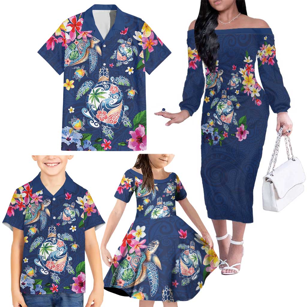 Hawaiian Turtles and Tropical Plants Family Matching Off The Shoulder Long Sleeve Dress and Hawaiian Shirt Blue Watercolor