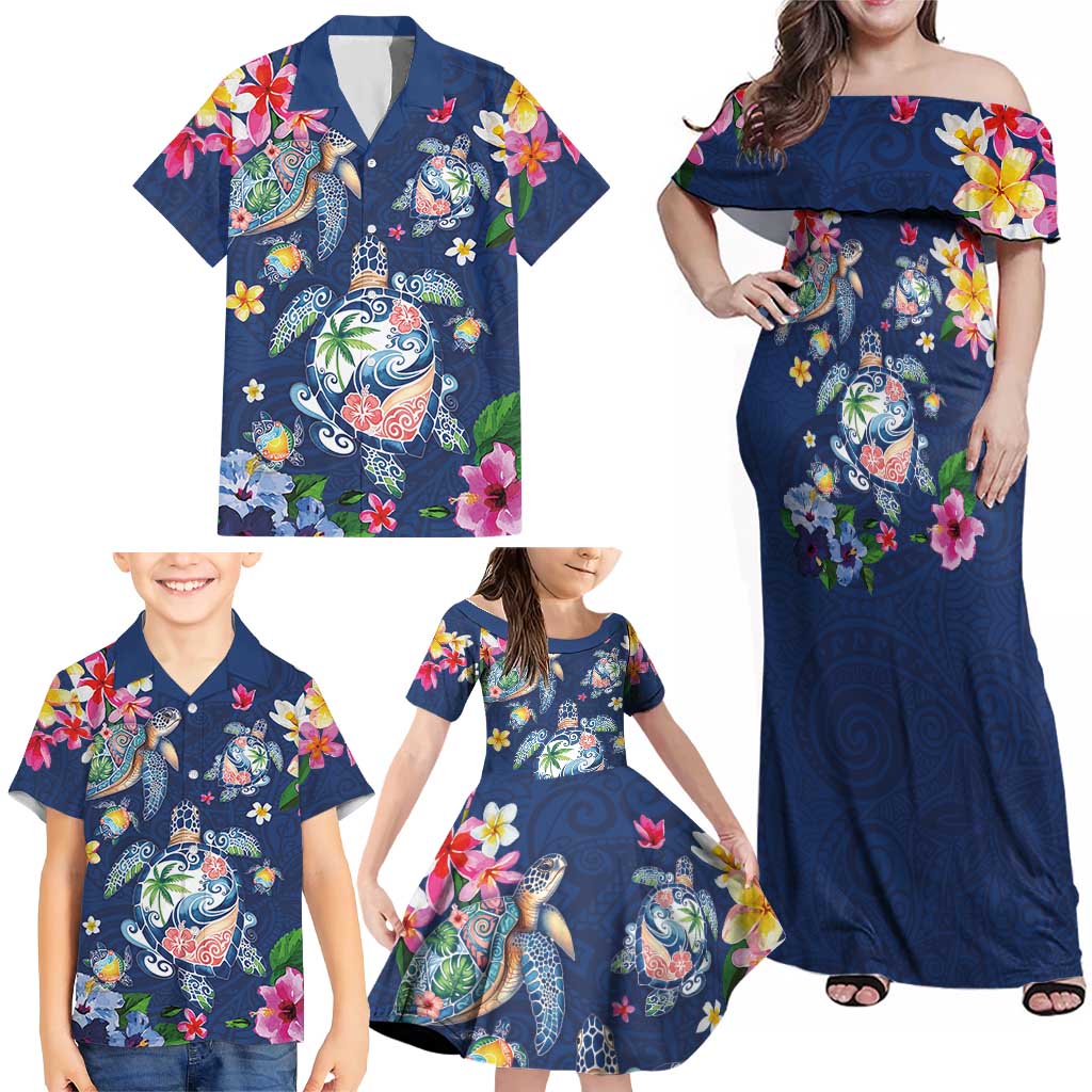 Hawaiian Turtles and Tropical Plants Family Matching Off Shoulder Maxi Dress and Hawaiian Shirt Blue Watercolor