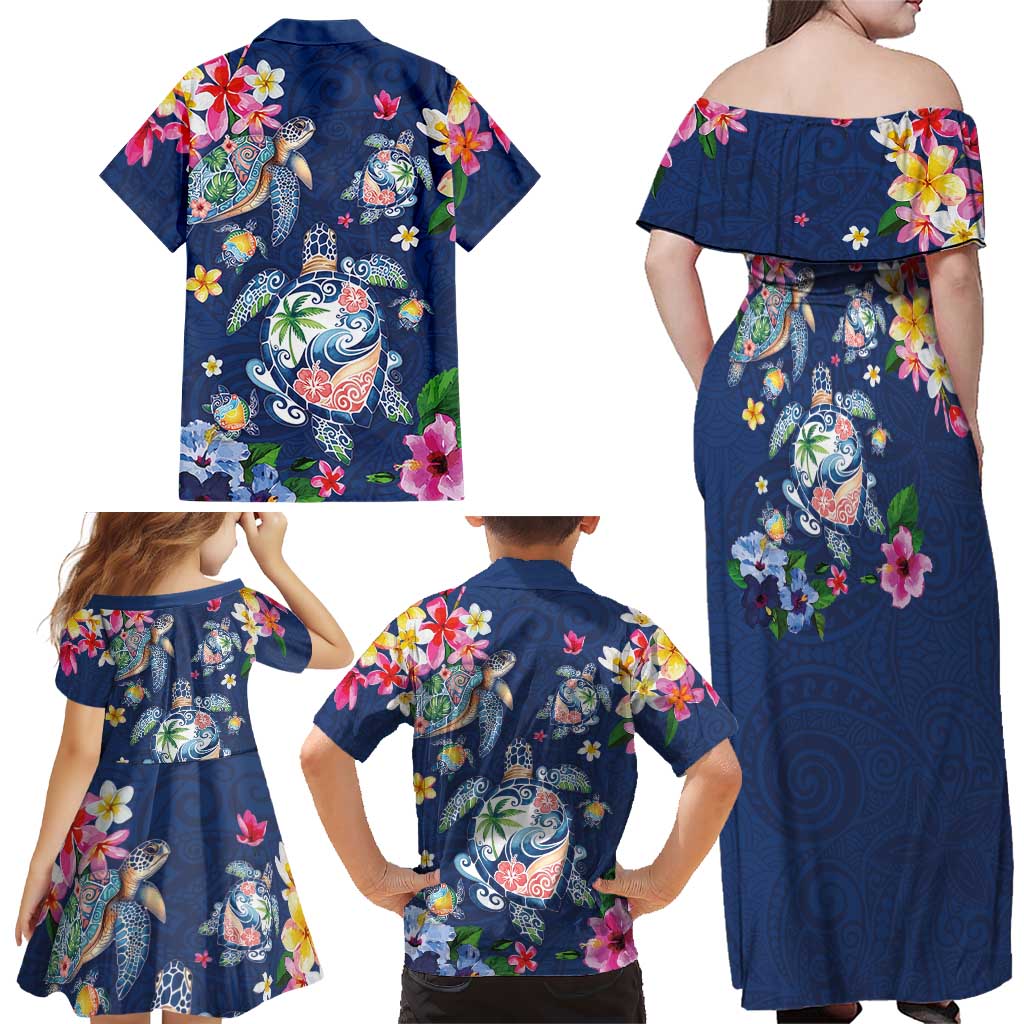 Hawaiian Turtles and Tropical Plants Family Matching Off Shoulder Maxi Dress and Hawaiian Shirt Blue Watercolor LT03 - Polynesian Pride