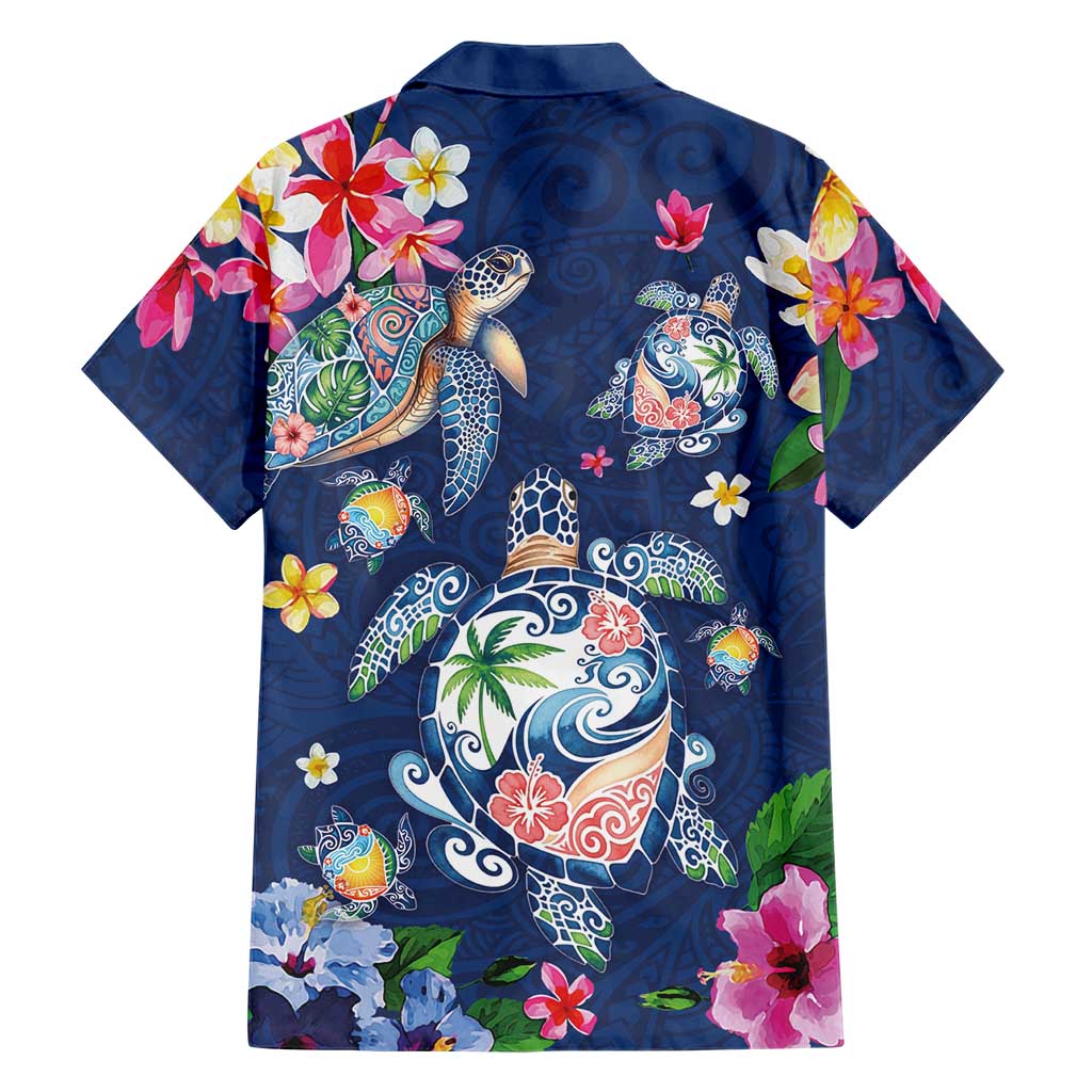 Hawaiian Turtles and Tropical Plants Family Matching Off Shoulder Maxi Dress and Hawaiian Shirt Blue Watercolor LT03 - Polynesian Pride
