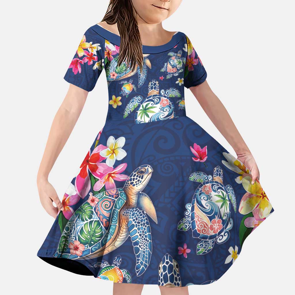 Hawaiian Turtles and Tropical Plants Family Matching Off Shoulder Short Dress and Hawaiian Shirt Blue Watercolor LT03 Daughter's Dress Blue - Polynesian Pride