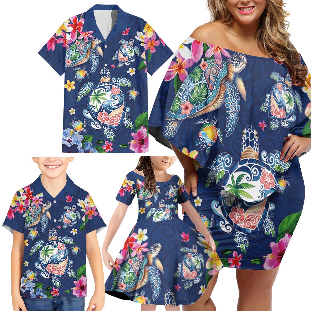 Hawaiian Turtles and Tropical Plants Family Matching Off Shoulder Short Dress and Hawaiian Shirt Blue Watercolor LT03 - Polynesian Pride