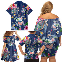 Hawaiian Turtles and Tropical Plants Family Matching Off Shoulder Short Dress and Hawaiian Shirt Blue Watercolor LT03 - Polynesian Pride