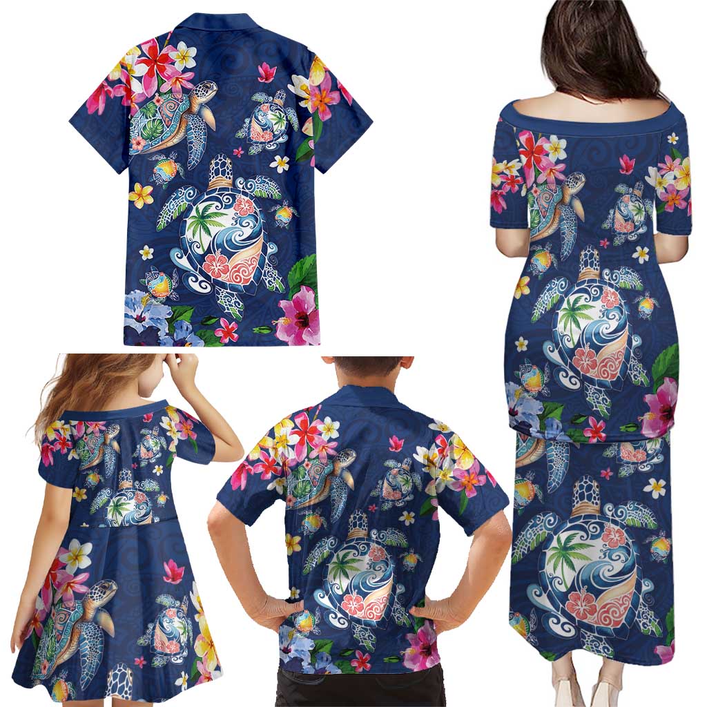 Hawaiian Turtles and Tropical Plants Family Matching Puletasi and Hawaiian Shirt Blue Watercolor LT03 - Polynesian Pride