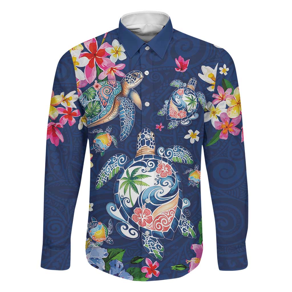 Hawaiian Turtles and Tropical Plants Family Matching Puletasi and Hawaiian Shirt Blue Watercolor LT03 Dad's Shirt - Long Sleeve Blue - Polynesian Pride