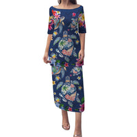 Hawaiian Turtles and Tropical Plants Family Matching Puletasi and Hawaiian Shirt Blue Watercolor LT03 Mom's Dress Blue - Polynesian Pride