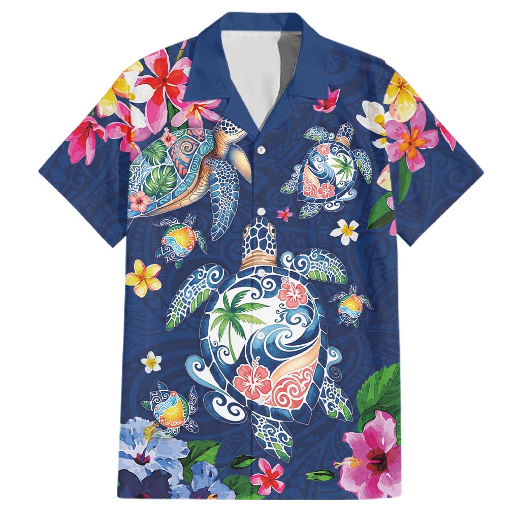 Hawaiian Turtles and Tropical Plants Family Matching Short Sleeve Bodycon Dress and Hawaiian Shirt Blue Watercolor LT03 Dad's Shirt - Short Sleeve Blue - Polynesian Pride