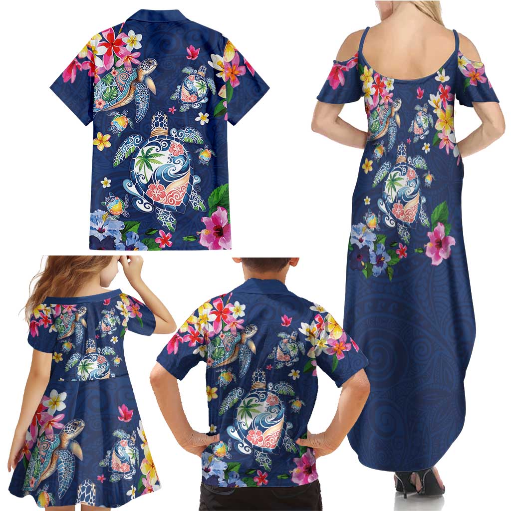 Hawaiian Turtles and Tropical Plants Family Matching Summer Maxi Dress and Hawaiian Shirt Blue Watercolor LT03 - Polynesian Pride