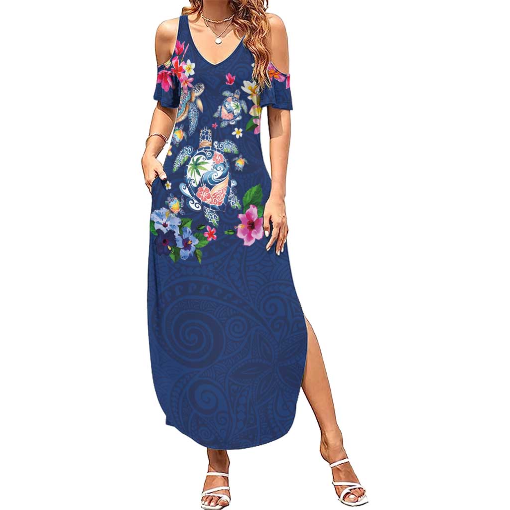 Hawaiian Turtles and Tropical Plants Family Matching Summer Maxi Dress and Hawaiian Shirt Blue Watercolor LT03 Mom's Dress Blue - Polynesian Pride