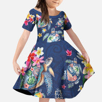 Hawaiian Turtles and Tropical Plants Family Matching Tank Maxi Dress and Hawaiian Shirt Blue Watercolor LT03 Daughter's Dress Blue - Polynesian Pride