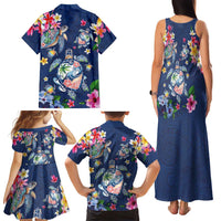 Hawaiian Turtles and Tropical Plants Family Matching Tank Maxi Dress and Hawaiian Shirt Blue Watercolor LT03 - Polynesian Pride