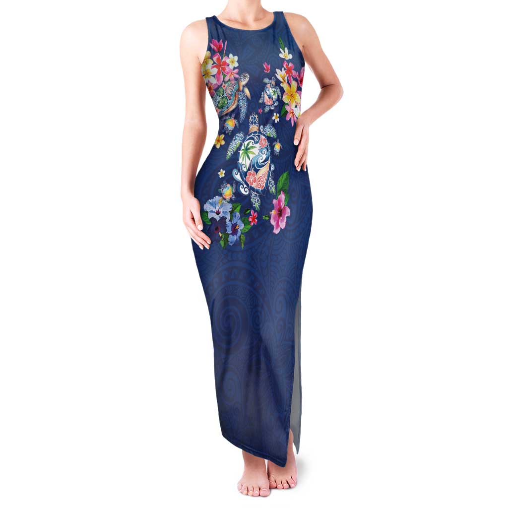 Hawaiian Turtles and Tropical Plants Family Matching Tank Maxi Dress and Hawaiian Shirt Blue Watercolor LT03 Mom's Dress Blue - Polynesian Pride