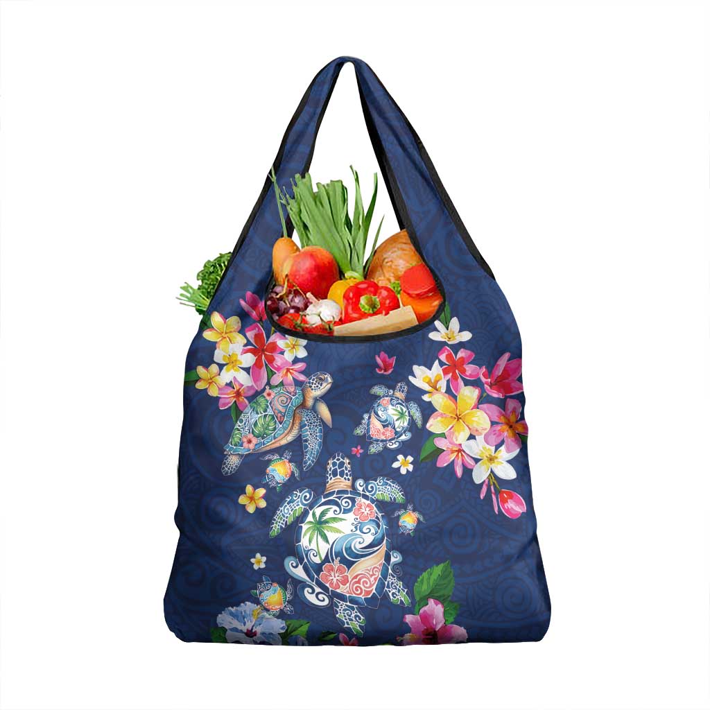 Hawaiian Turtles and Tropical Plants Grocery Bag Blue Watercolor