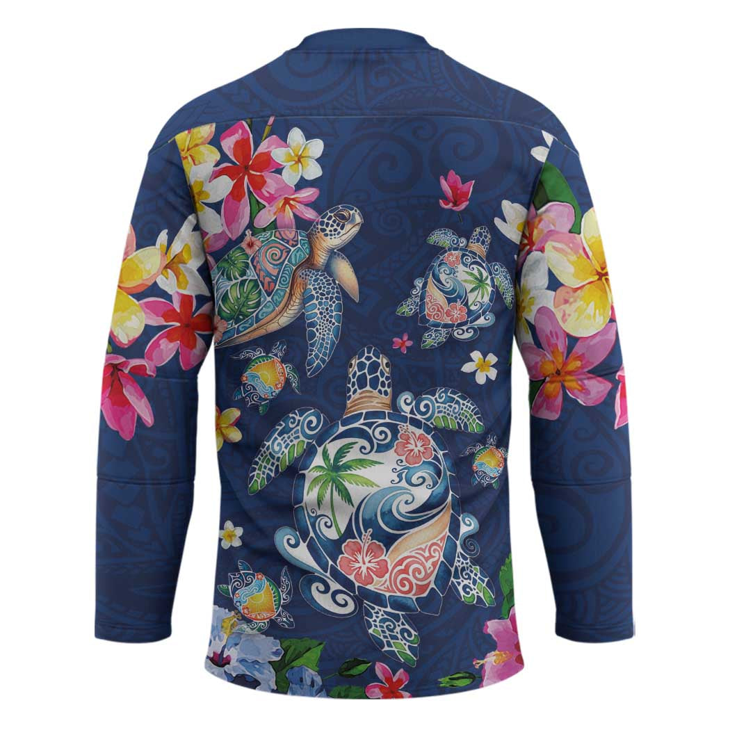 Hawaiian Turtles and Tropical Plants Hockey Jersey Blue Watercolor