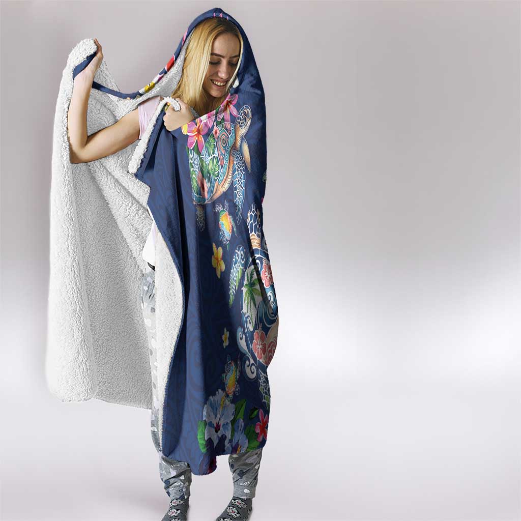Hawaiian Turtles and Tropical Plants Hooded Blanket Blue Watercolor
