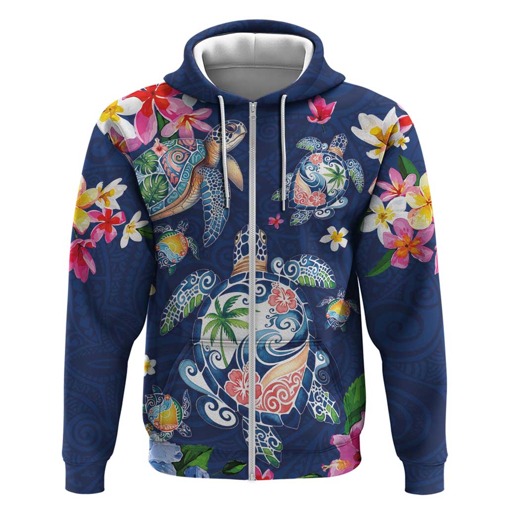 Hawaiian Turtles and Tropical Plants Hoodie Blue Watercolor