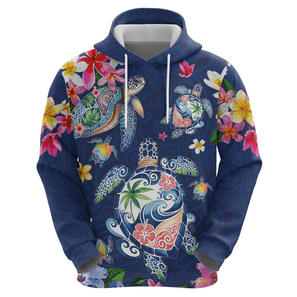 Hawaiian Turtles and Tropical Plants Hoodie Blue Watercolor