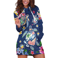 Hawaiian Turtles and Tropical Plants Hoodie Dress Blue Watercolor
