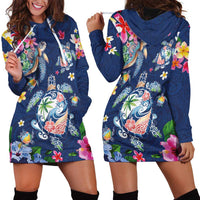 Hawaiian Turtles and Tropical Plants Hoodie Dress Blue Watercolor
