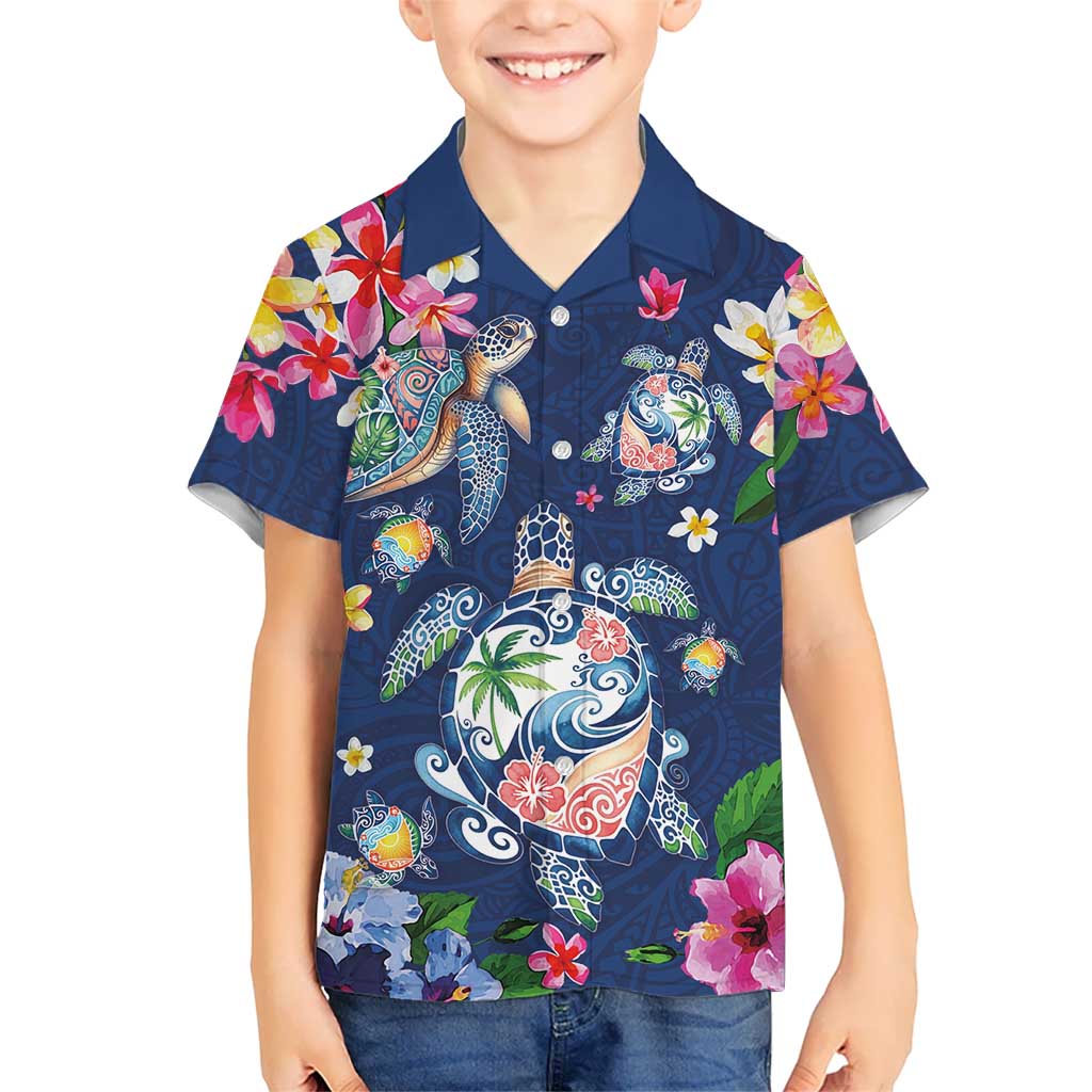 Hawaiian Turtles and Tropical Plants Kid Hawaiian Shirt Blue Watercolor