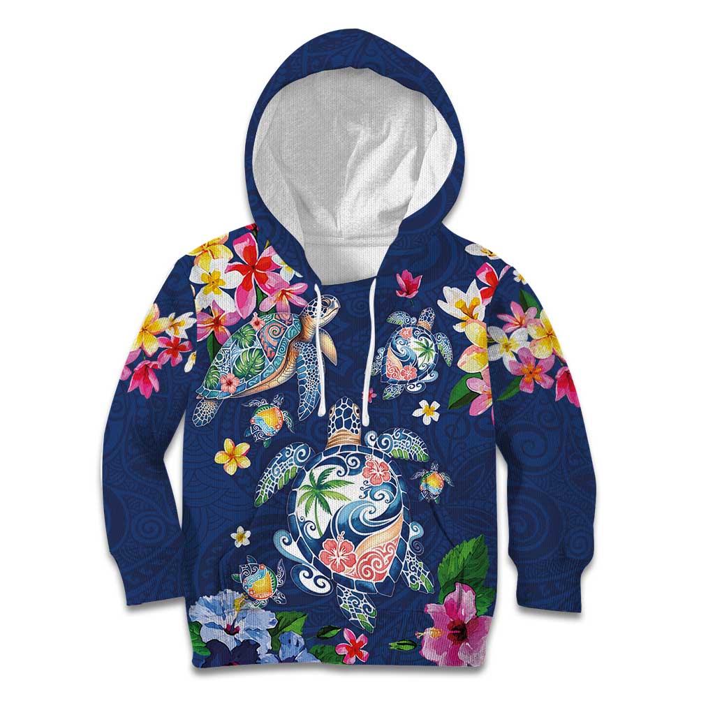 Hawaiian Turtles and Tropical Plants Kid Hoodie Blue Watercolor
