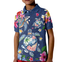 Hawaiian Turtles and Tropical Plants Kid Polo Shirt Blue Watercolor