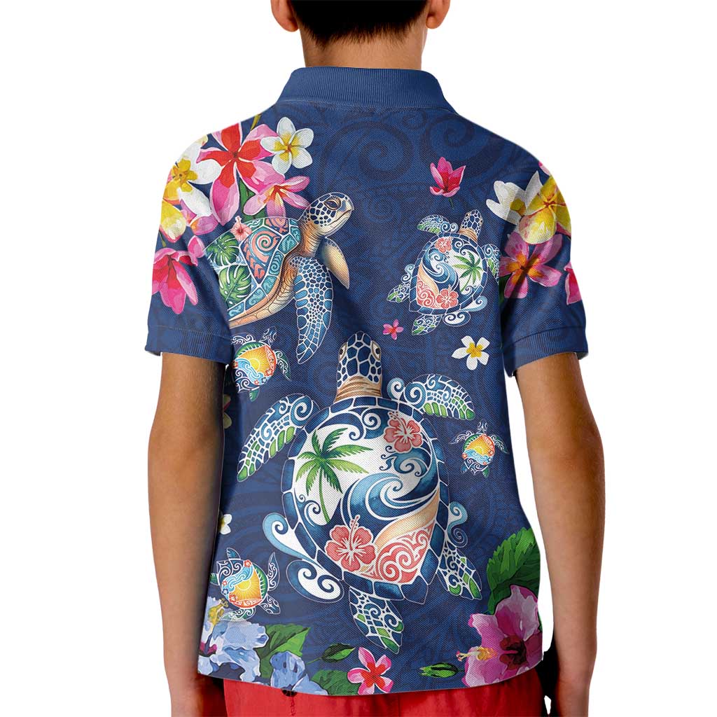 Hawaiian Turtles and Tropical Plants Kid Polo Shirt Blue Watercolor