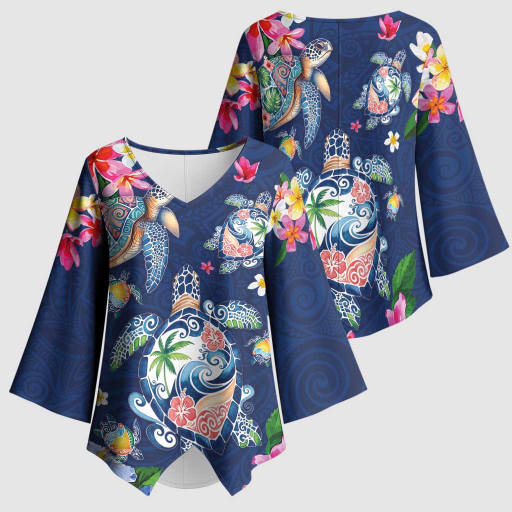 Hawaiian Turtles and Tropical Plants Kimono Sleeve Blouse Blue Watercolor