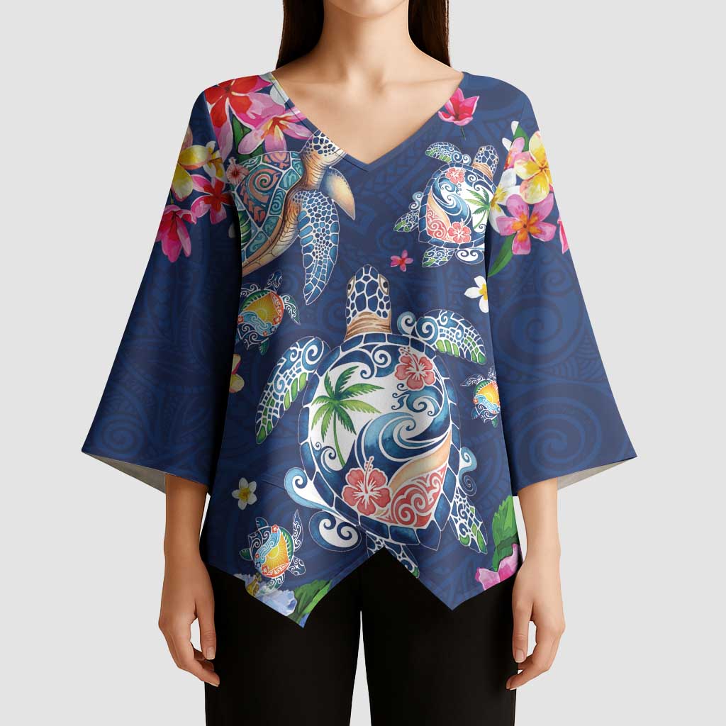 Hawaiian Turtles and Tropical Plants Kimono Sleeve Blouse Blue Watercolor