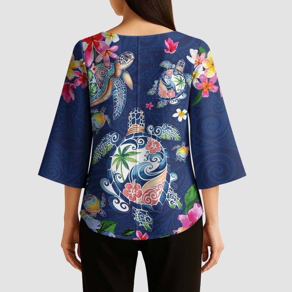 Hawaiian Turtles and Tropical Plants Kimono Sleeve Blouse Blue Watercolor