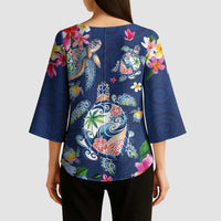 Hawaiian Turtles and Tropical Plants Kimono Sleeve Blouse Blue Watercolor