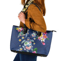 Hawaiian Turtles and Tropical Plants Leather Tote Bag Blue Watercolor