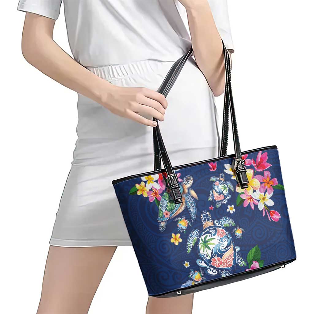 Hawaiian Turtles and Tropical Plants Leather Tote Bag Blue Watercolor